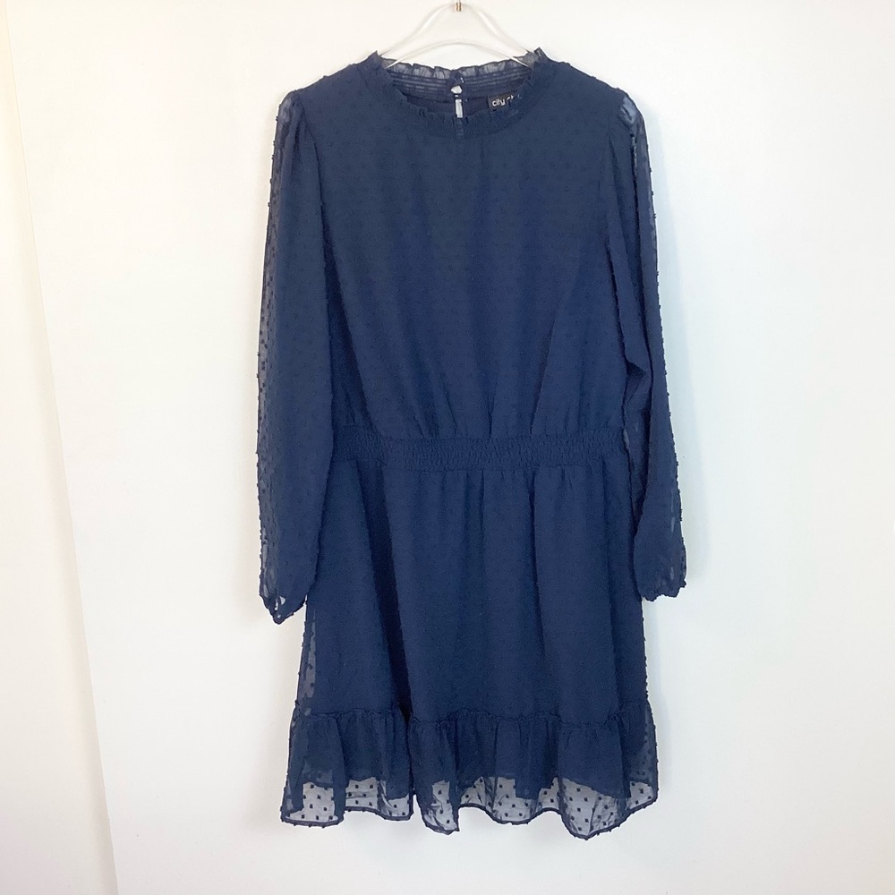 NWT City Chic Long Sleeve Dobby Wisteria Tiered Dress - Navy - 14